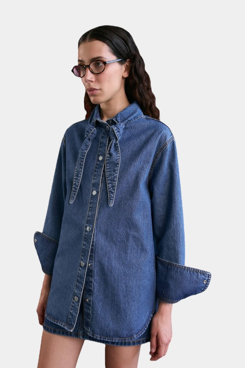 Синя джинсова сорочка з вузлом на вороті D263MB AISENBERG