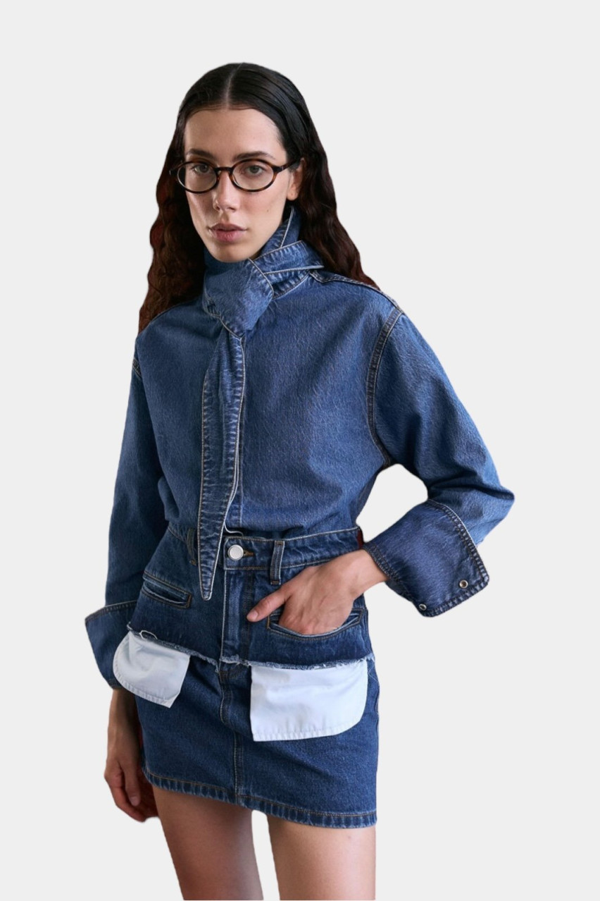 Синя джинсова сорочка з вузлом на вороті D263MB AISENBERG