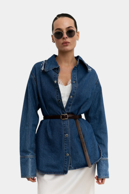 Синя джинсова сорочка з рваним воротом