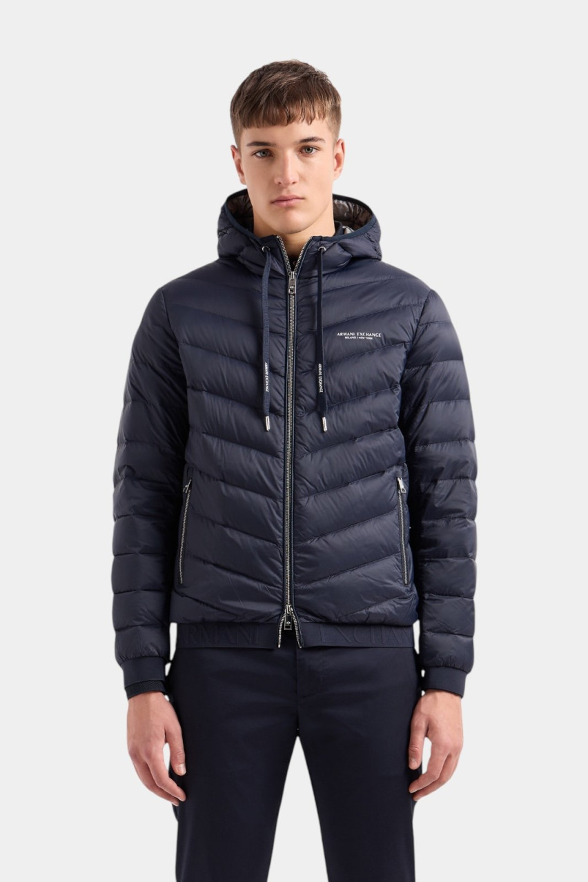 Темно-синий пуховик на молнии с капюшоном 8NZB53 ZNW3Z 5578 Armani Exchange