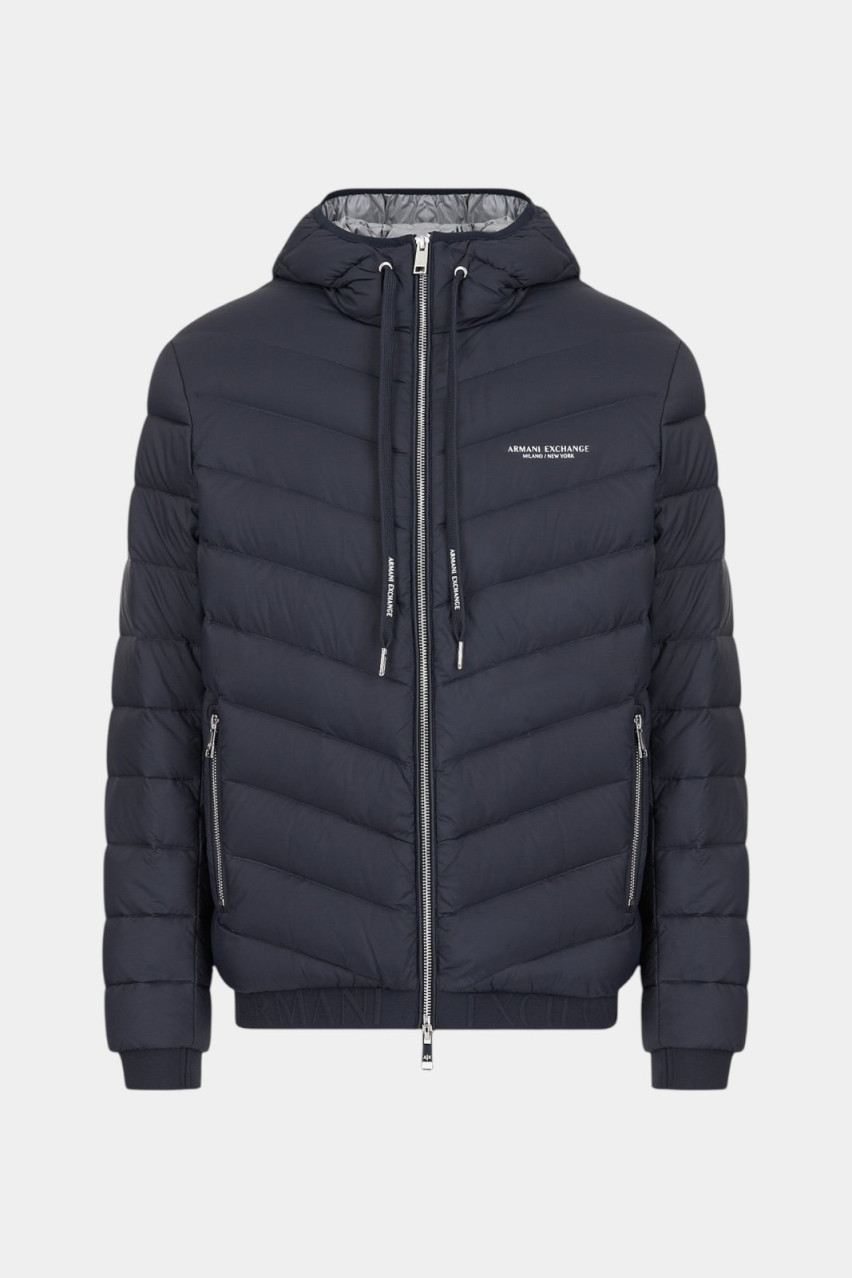 Темно-синий пуховик на молнии с капюшоном 8NZB53 ZNW3Z 5578 Armani Exchange