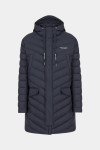 Темно-синий длинный пуховик с капюшоном