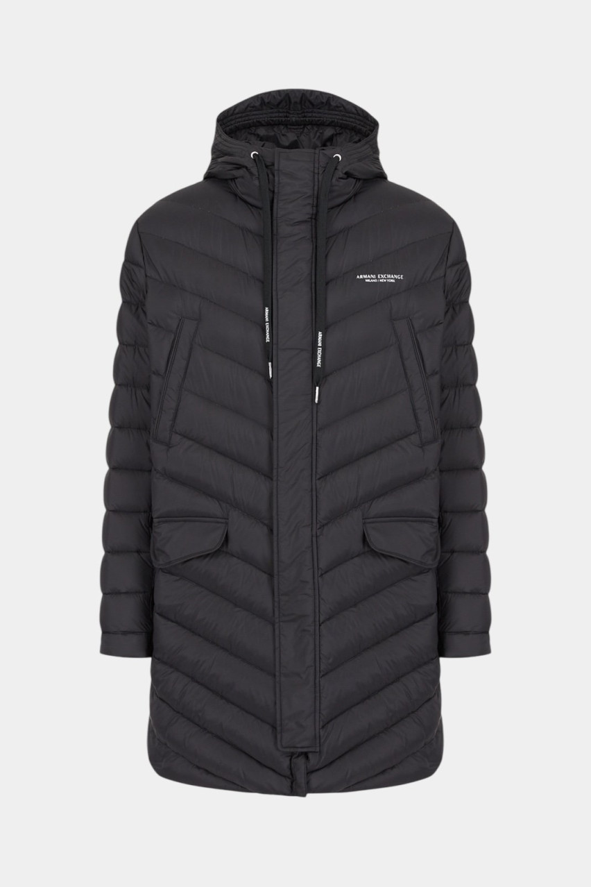 Черный длинный пуховик с капюшоном 8NZL20 ZNW3Z 1200 Armani Exchange