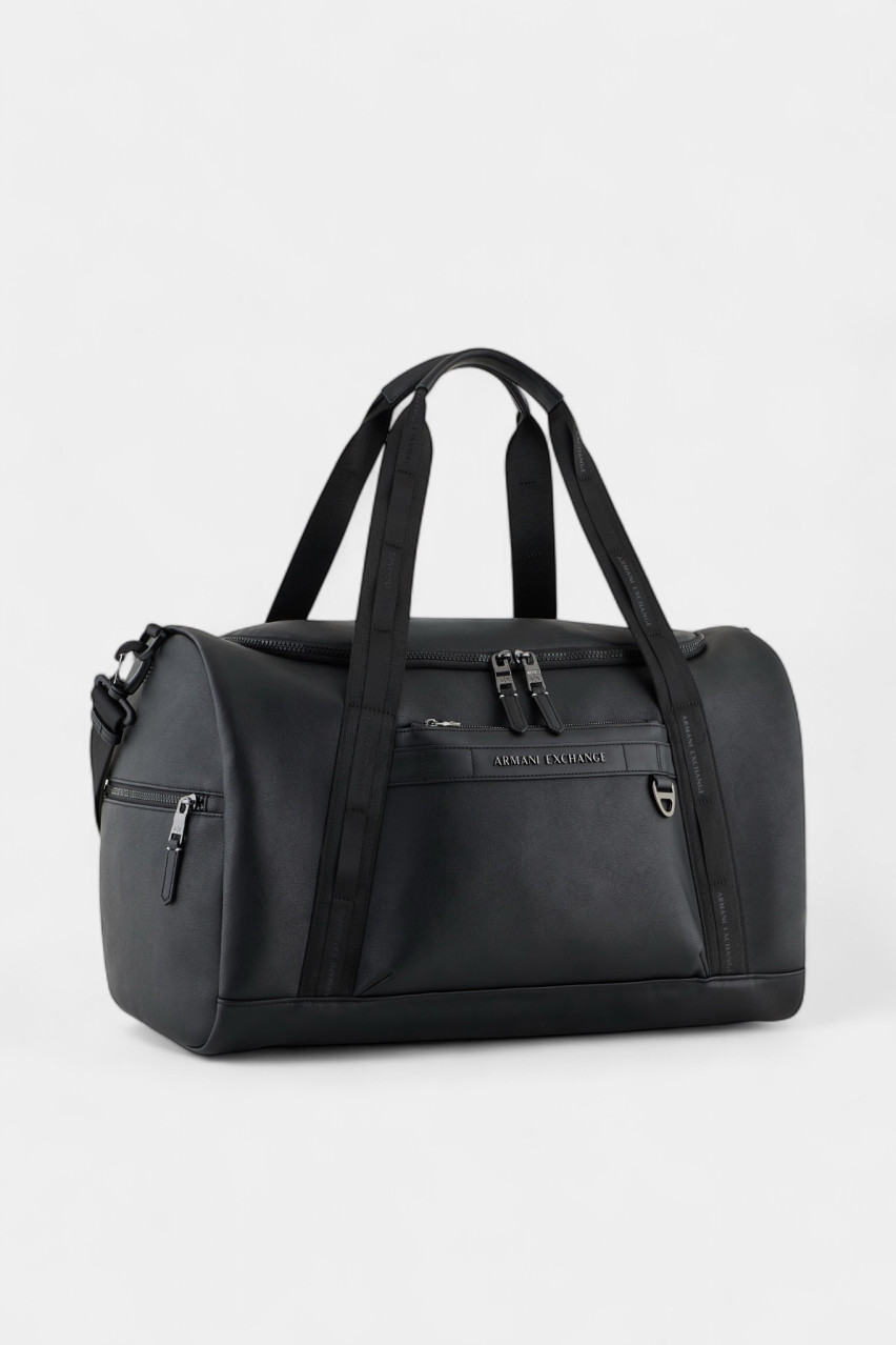 Черная тревел-сумка с наружным карманом и металлическим логотипом XM000143 AF11925 UC001 Armani Exchange