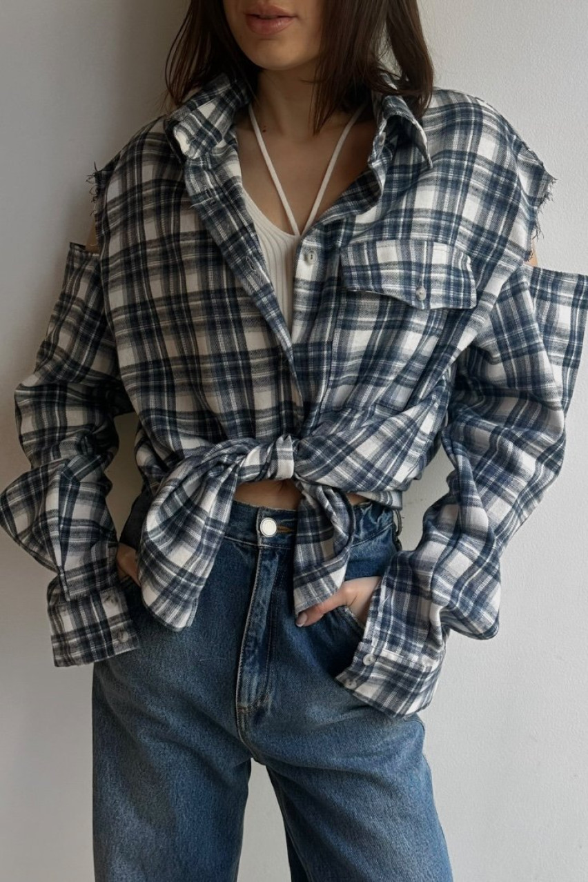 Синя картата оверсайз сорочка Cut Off Shoulders BLAZH.