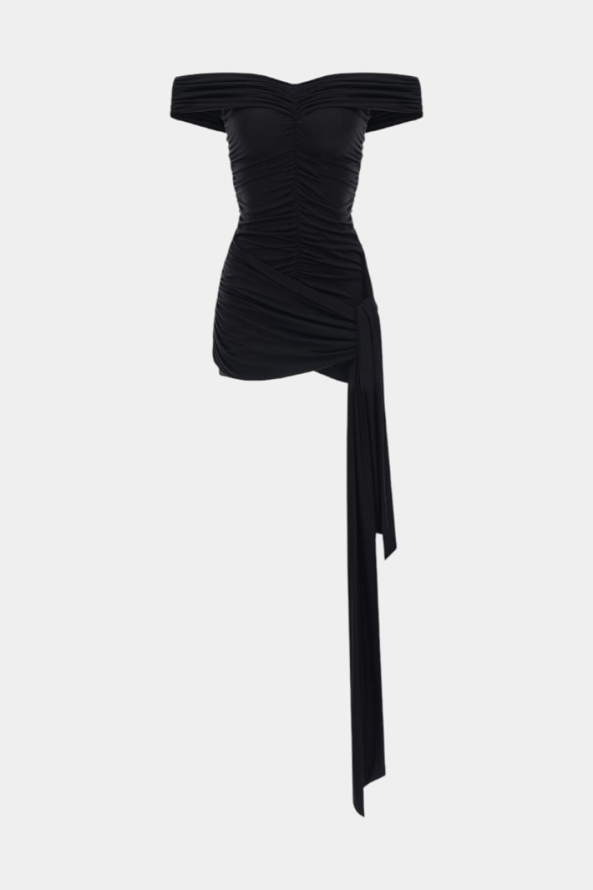 Чёрное мини-платье с драпировкой и хвостом BLAZH.