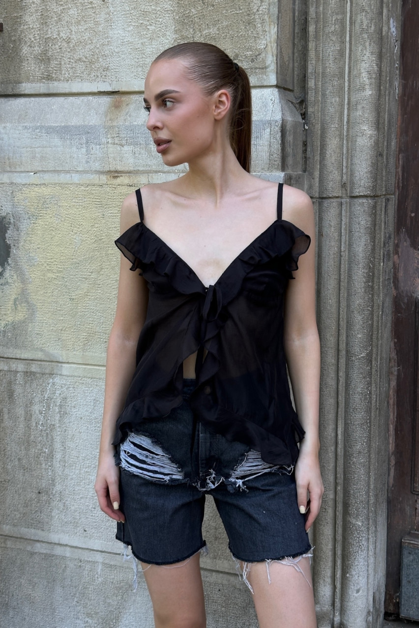 Черный топ с оборками SS2025 BLAZH.