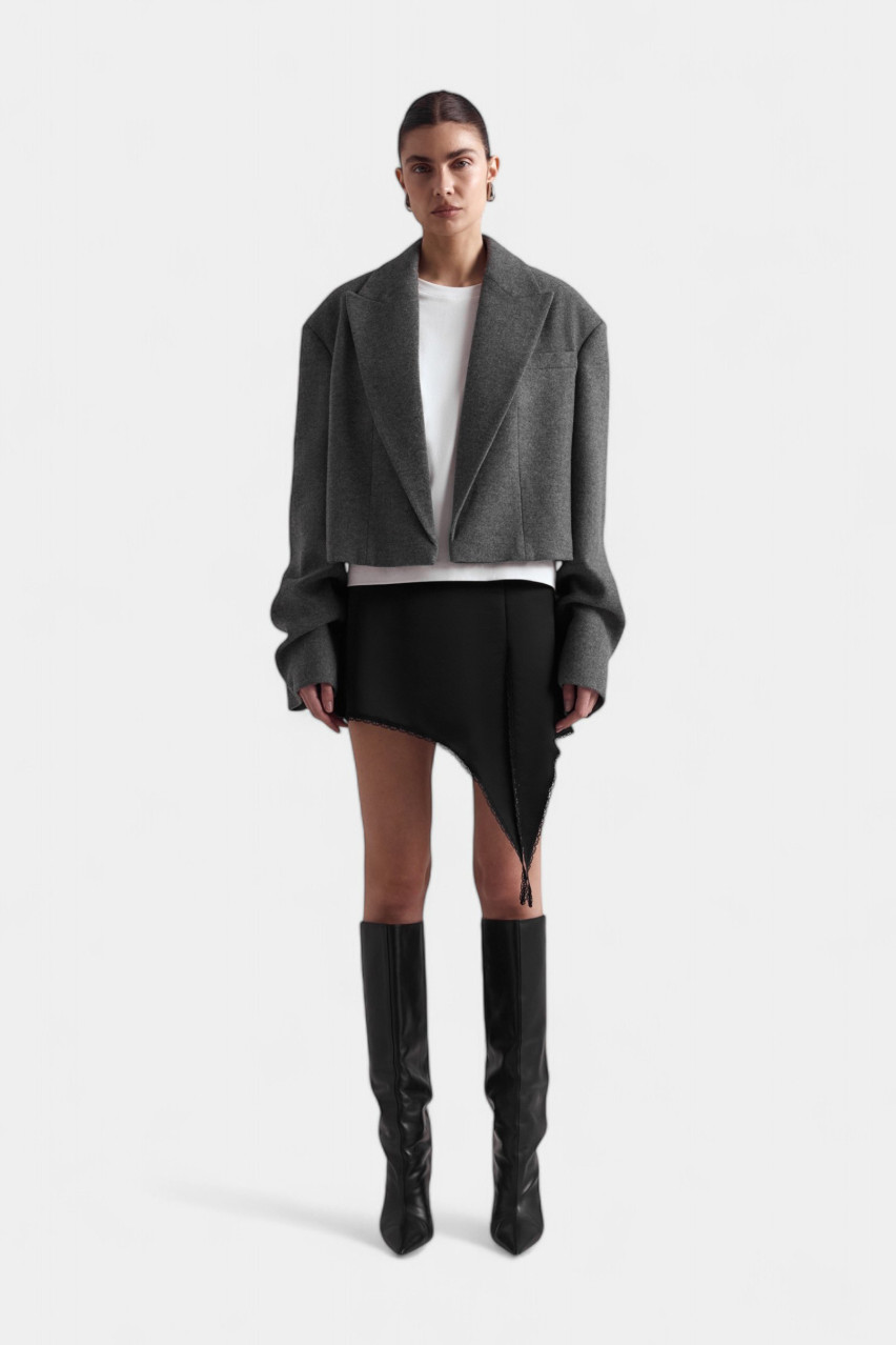 Серое кроп пальто-жакет со сборками на рукавах 1057-2 BAZHANE