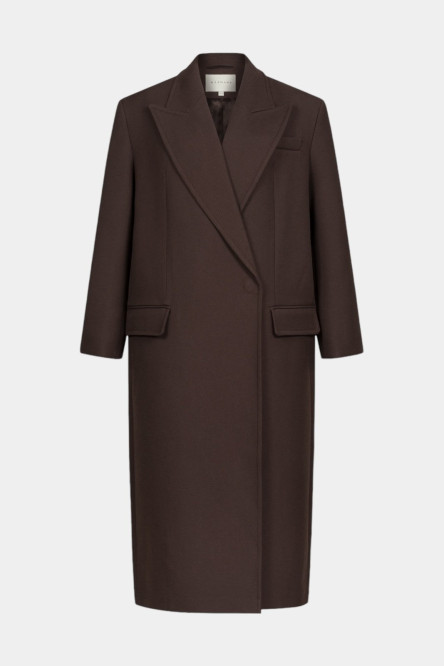 Коричневе пальто максі з акцентними плечима