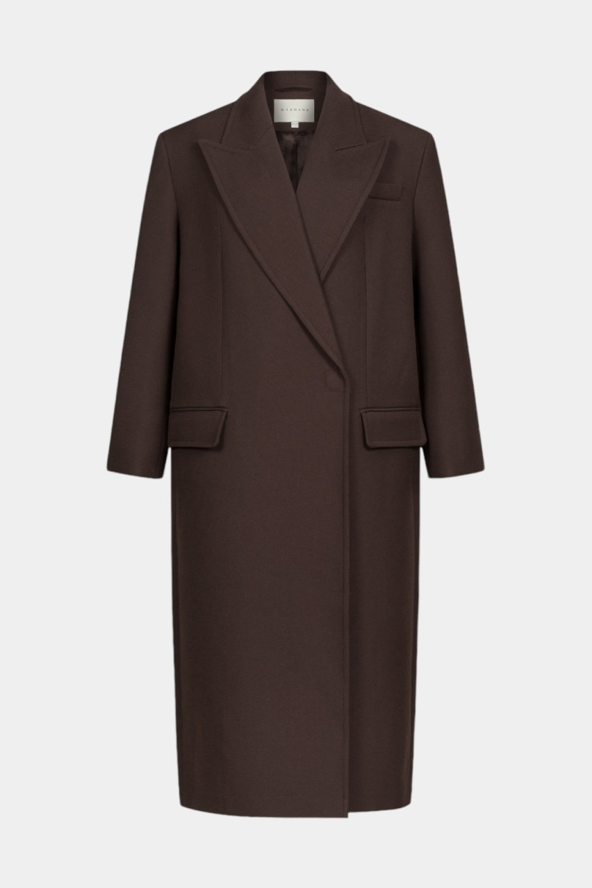 Коричневое пальто макси с акцентными плечами 108-5 BAZHANE
