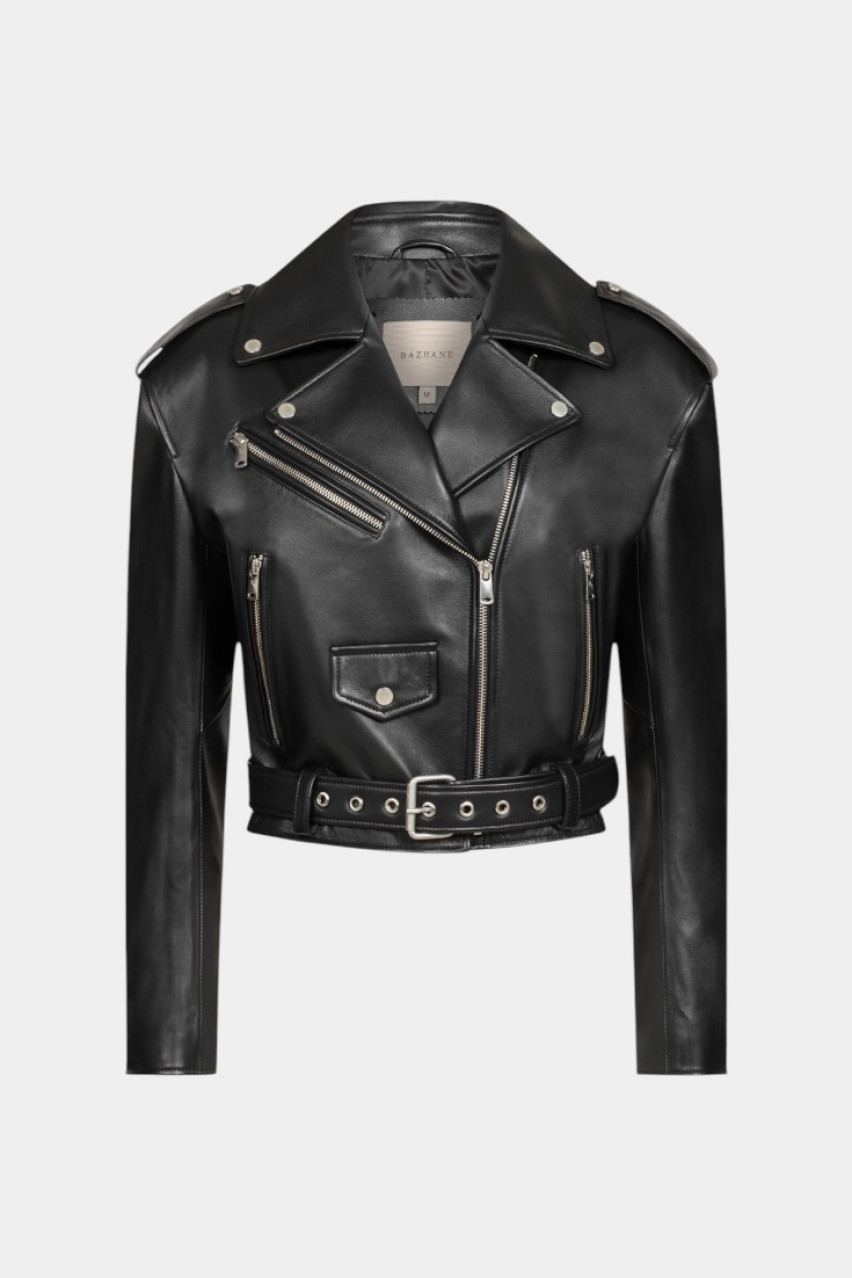 Чорна шкіряна куртка з підплічниками 82-1 BAZHANE