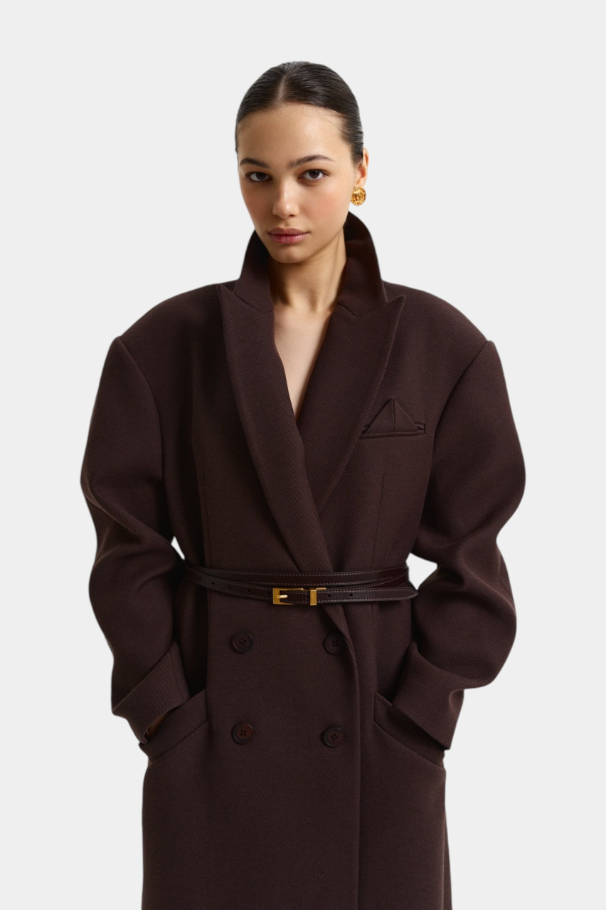 Коричневе оверсайз пальто зі шкіряним поясом 1037-2 BÁZHANE