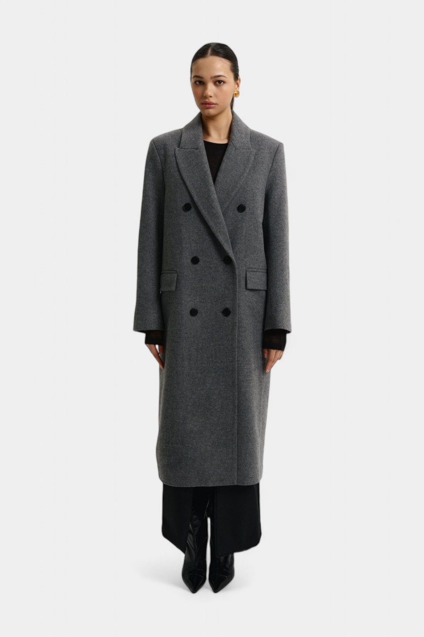 Сіре двобортне пальто прямого крою 105-3-122 BÁZHANE