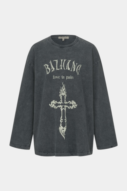 Сірий лонгслів у вінтажному стилі з принтом