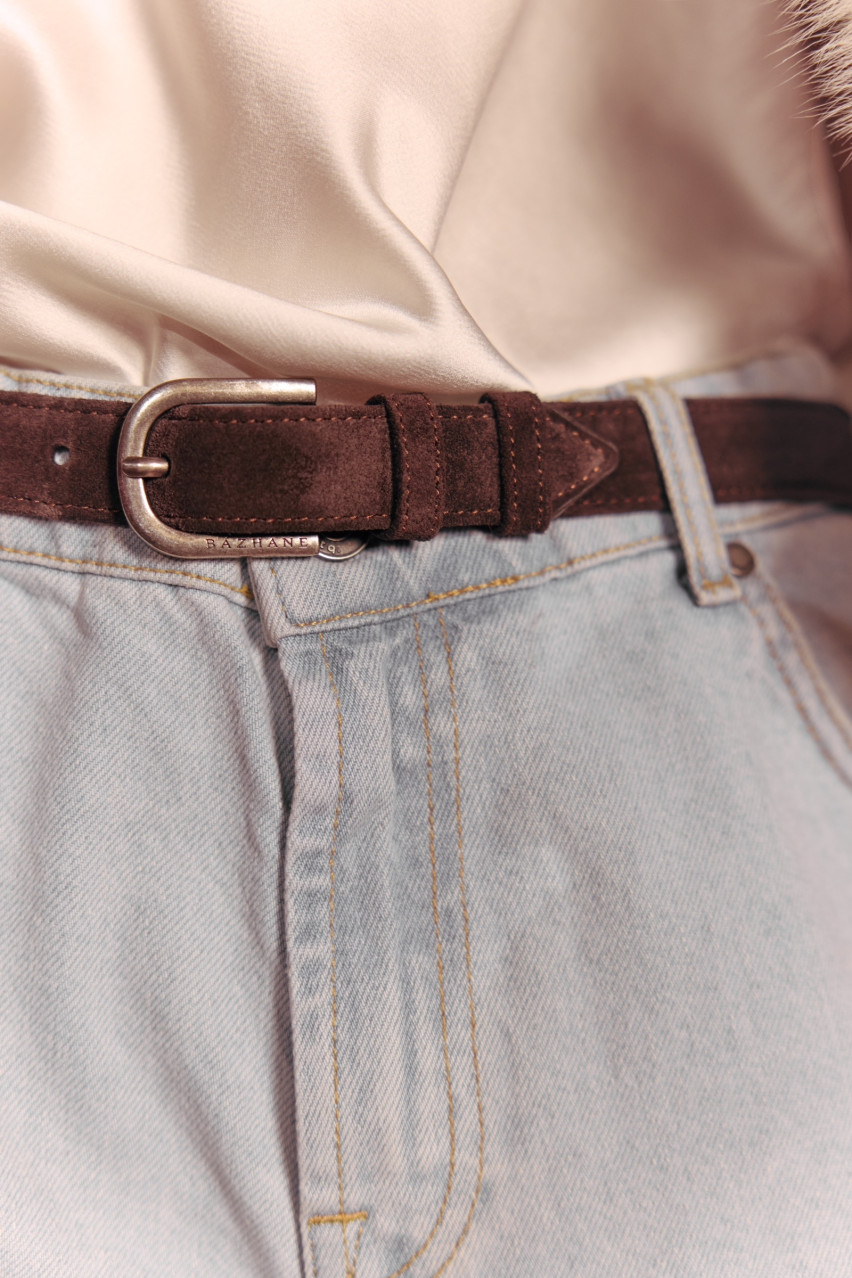 Коричневый широкий замшевый ремень с никелевой пряжкой JW-B0017-14-84 BÁZHANE