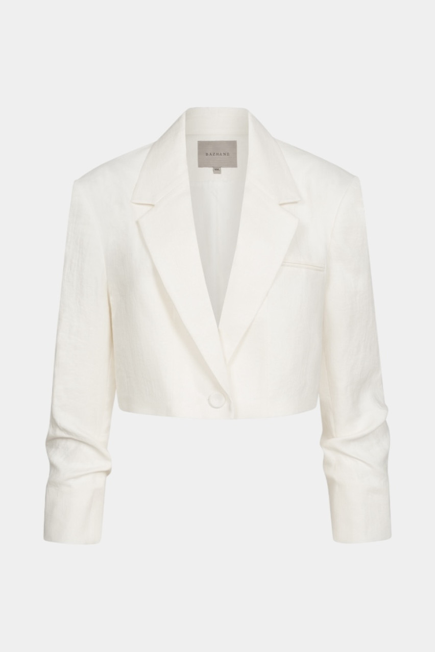 Молочний лляний кроп-жакет зі зборками на рукавах WWT-J1061-3-14 BÁZHANE
