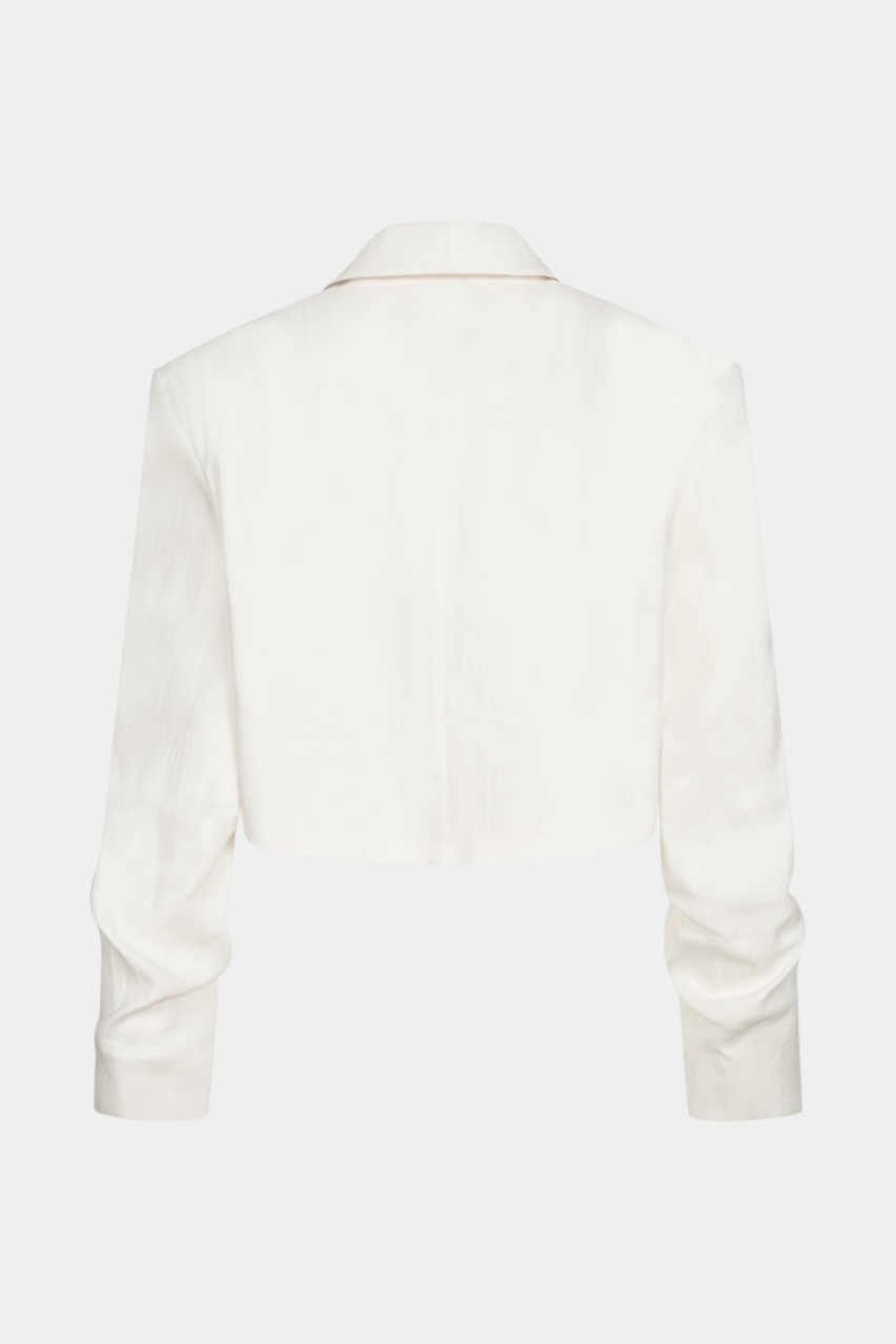 Молочний лляний кроп-жакет зі зборками на рукавах WWT-J1061-3-14 BÁZHANE