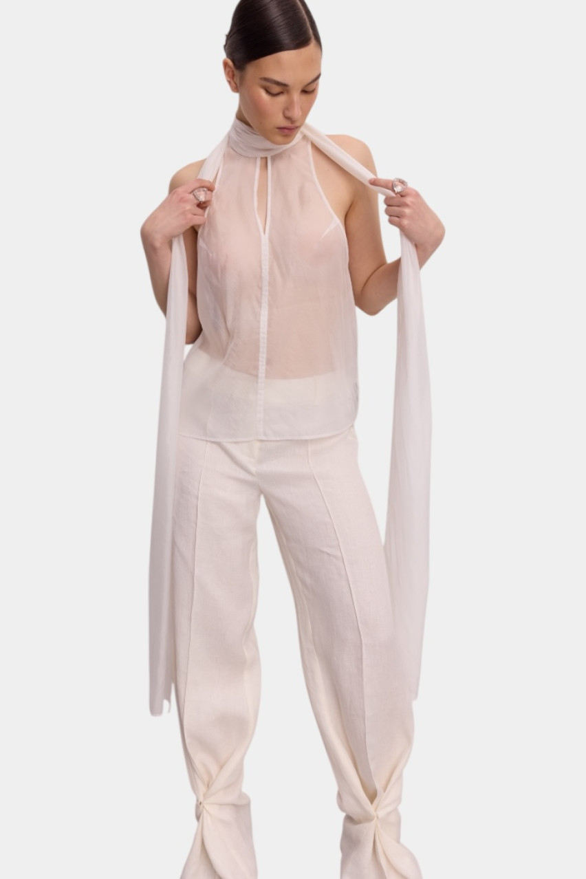 Молочные льняные брюки Fold WWB-P1145-3-14 BÁZHANE