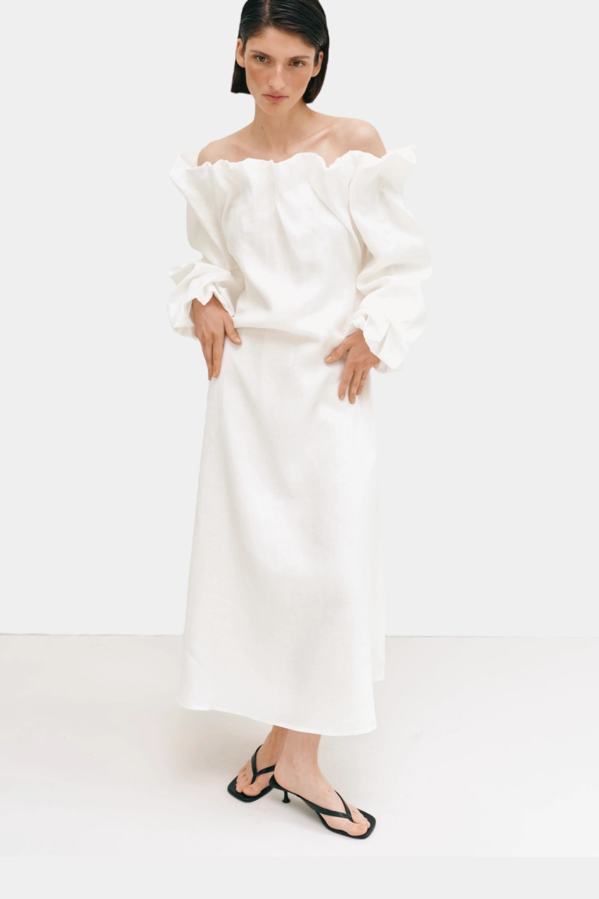 Молочное льняное платье-буфф длины макси CICI COCO