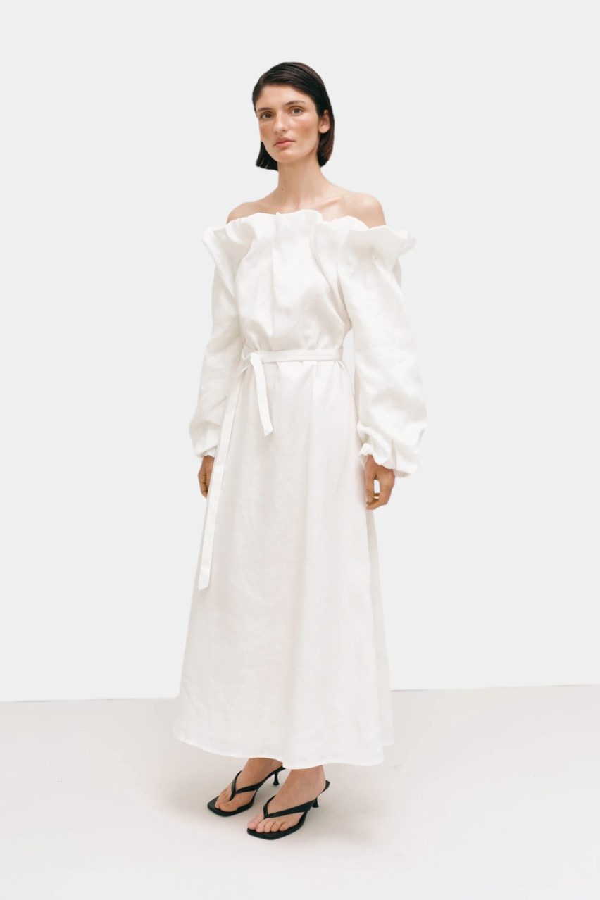 Молочное льняное платье-буфф длины макси CICI COCO