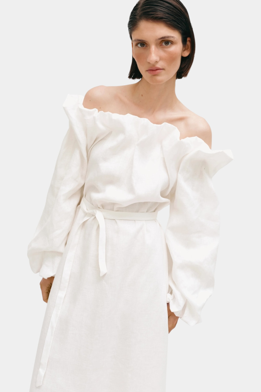 Молочное льняное платье-буфф длины макси CICI COCO