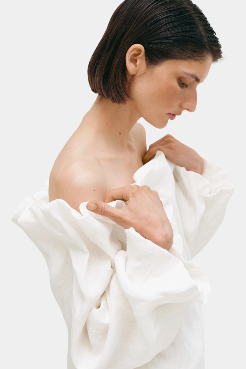 Молочное льняное платье-буфф длины макси CICI COCO