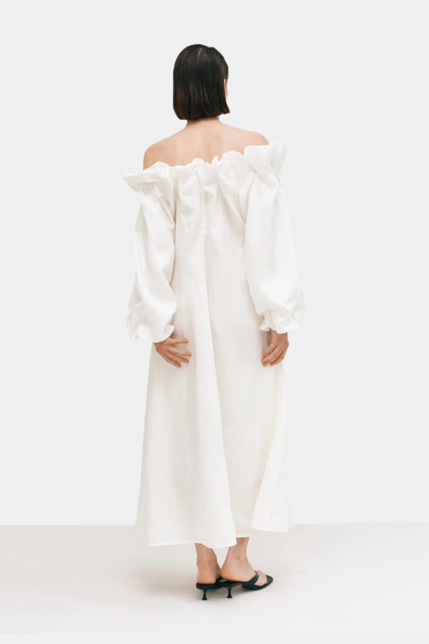 Молочное льняное платье-буфф длины макси CICI COCO