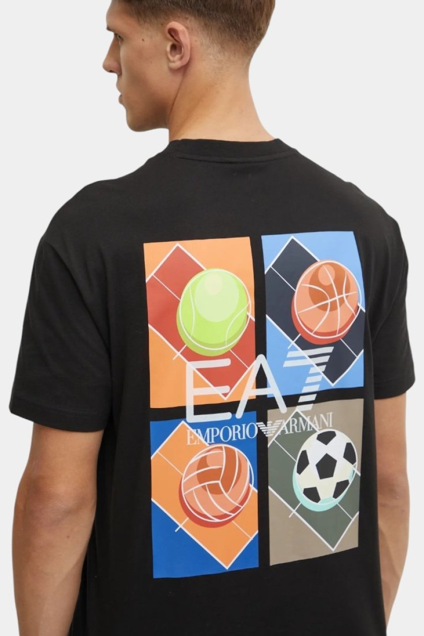 Чорна бавовняна футболка з принтом на спині 7M000009 AF11970 UC001 EA7