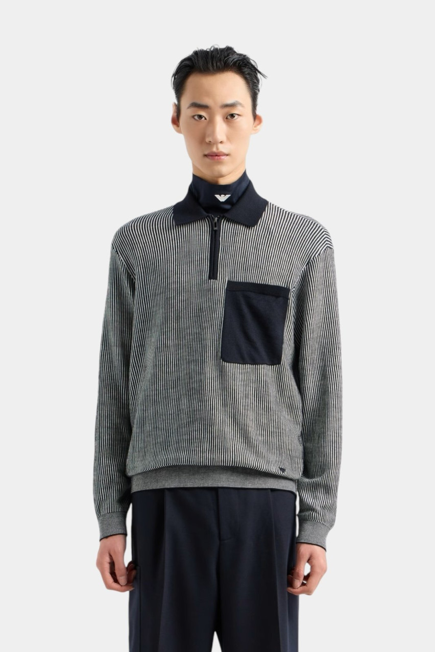 Синьо-білий вовняний светр-поло з жакардовим мікровізерунком 6D1MXT 1MKIZ F915 Emporio Armani