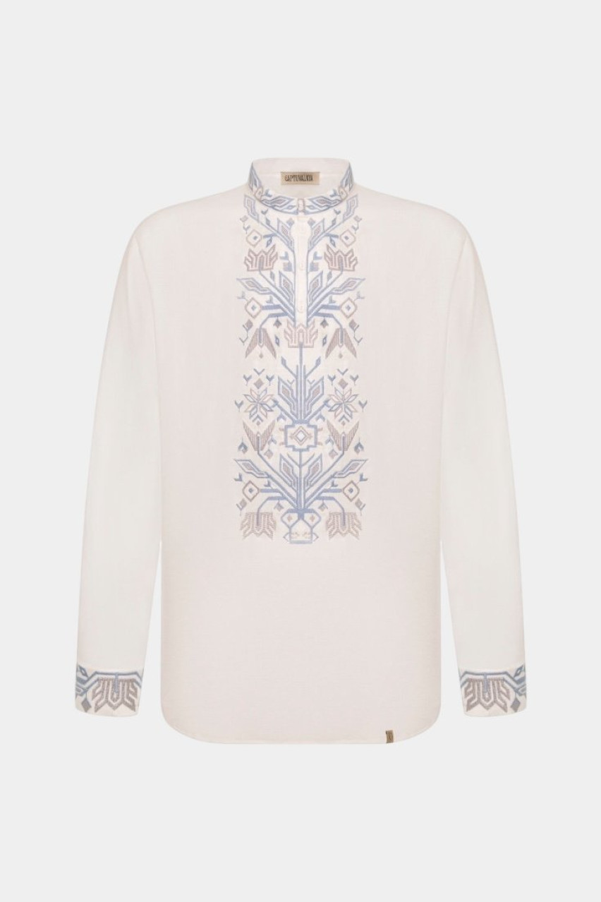 Біла сорочка з традиційною вишивкою «Килимок» GAPTUVALNYA (блакитна вишивка)