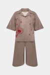 Бежевый костюм «Коромисло» с красной вышивкой