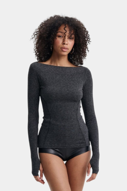 Темно-сірий кашеміровий лонгслів з вирізом-човником