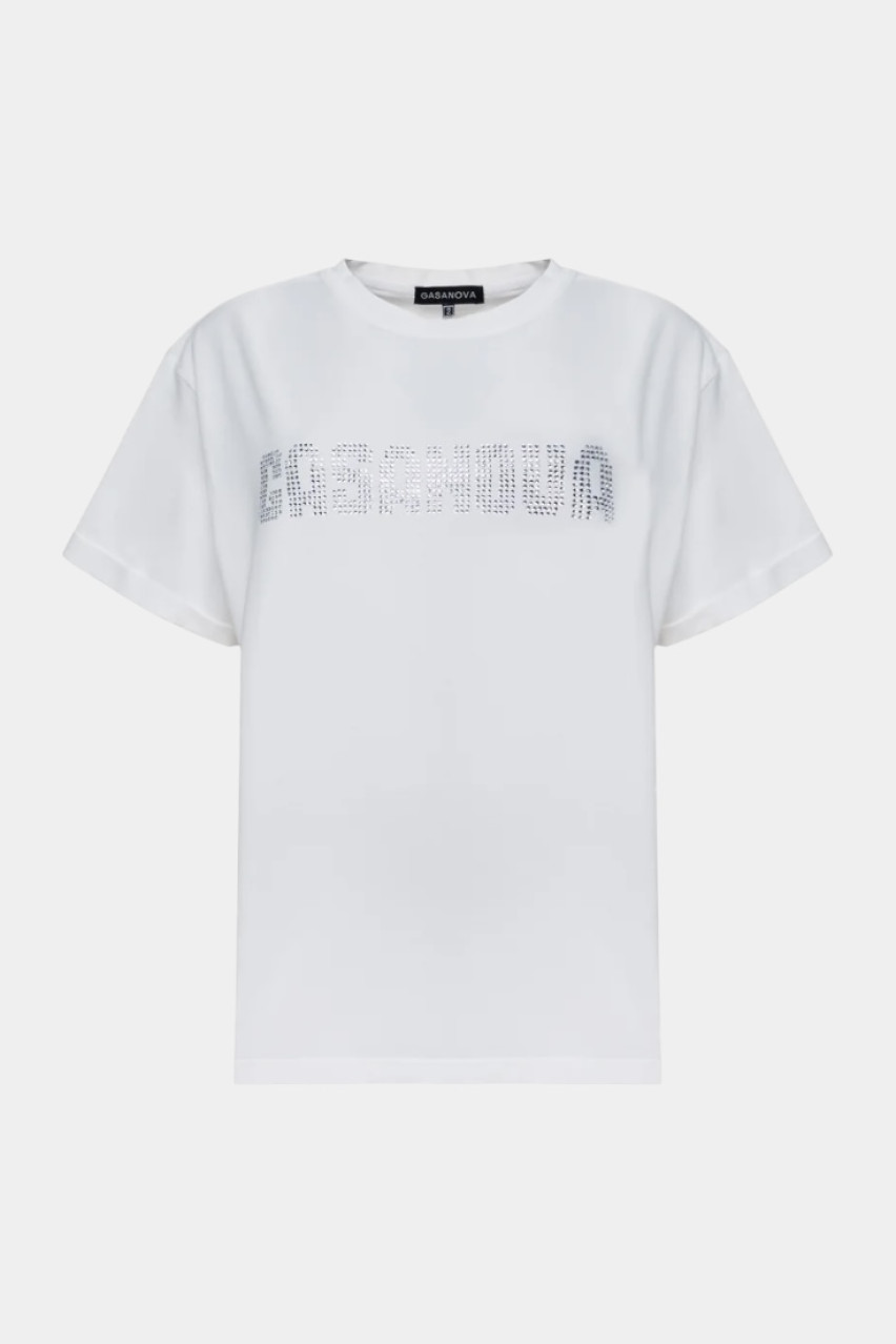 Белая футболка с большим стразовым логотипом 00Tee-s002C GASANOVA