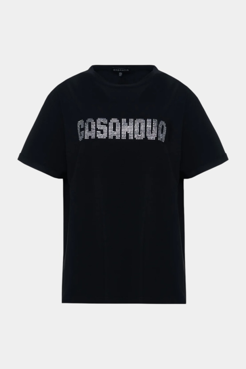 Черная футболка с большим стразовым логотипом 00Tee-s002C GASANOVA