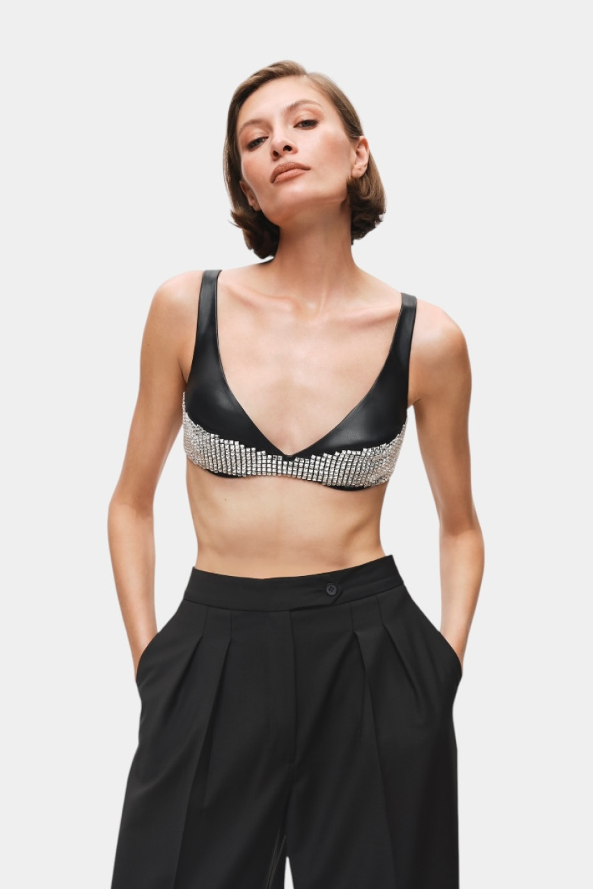Чорний шкіряний топ Margot зі стразами 09Top01EL GASANOVA