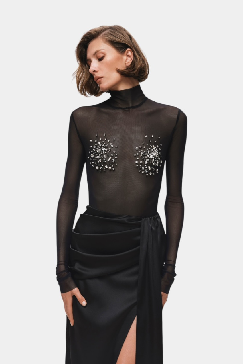 Черный боди Joline с россыпью камней на прозрачном фоне 09Body02N GASANOVA