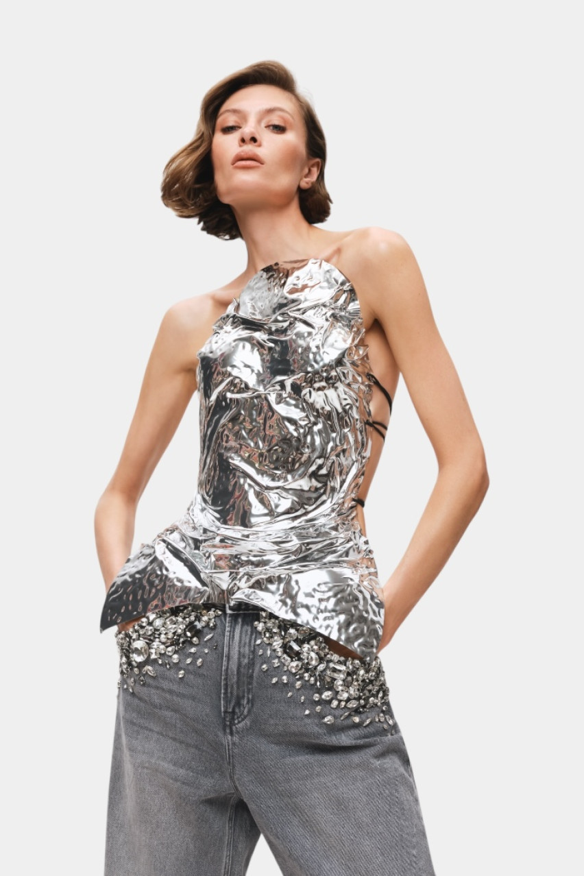 Сірі широкі джинси з розсипом каміння на кишенях 09Jeans01J GASANOVA