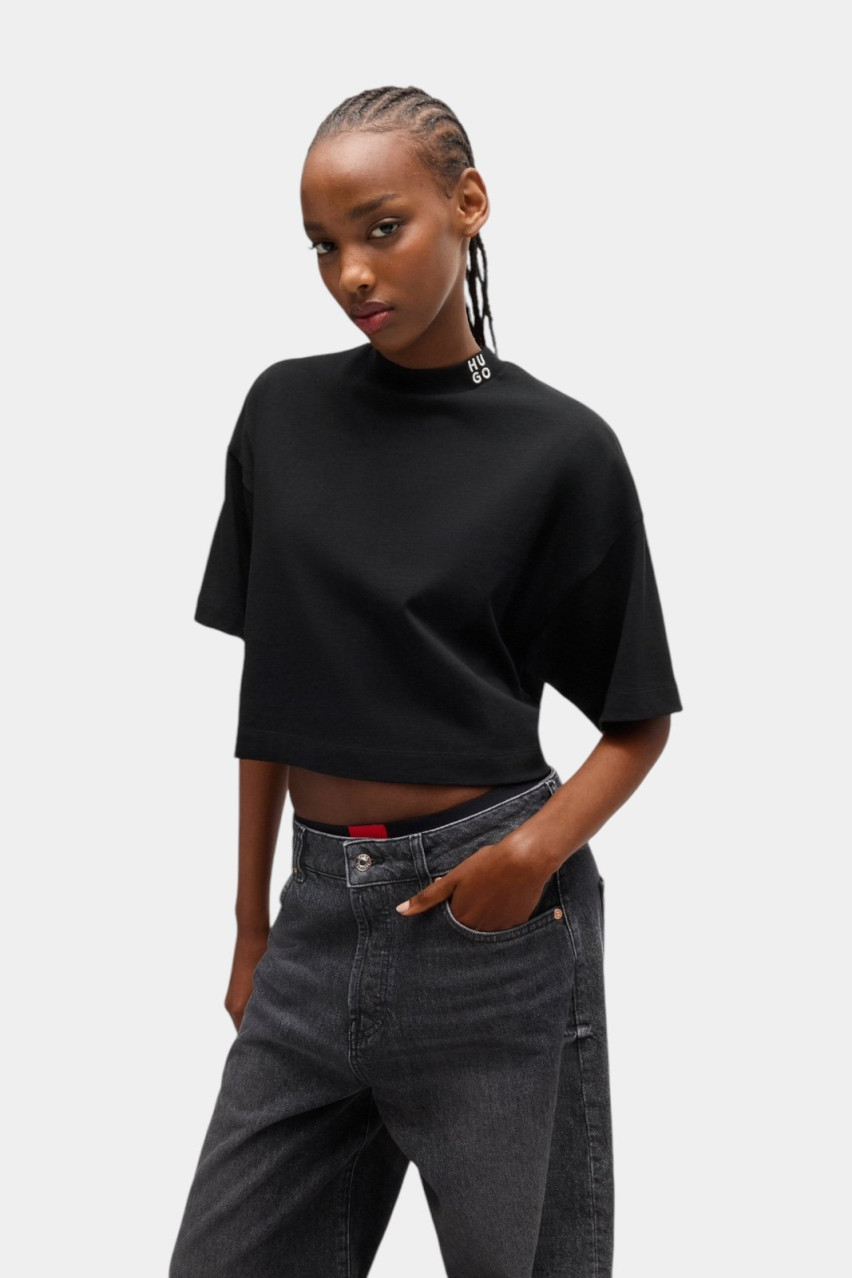 Чорна бавовняна кроп-футболка Damelody з брендованою нашивкою 50520187 001 HUGO