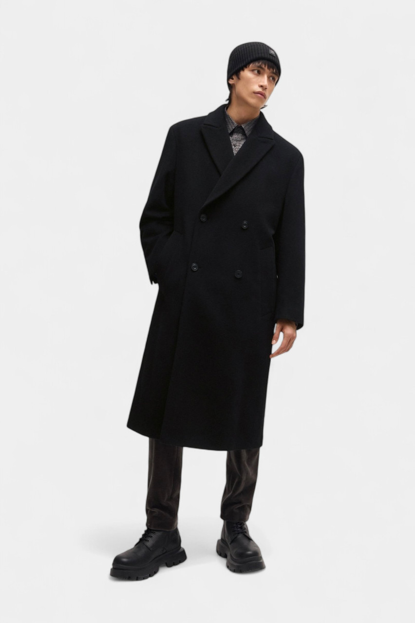Чорне вовняне пальто Menci2441 з двобортною застібкою 50528272 968 HUGO