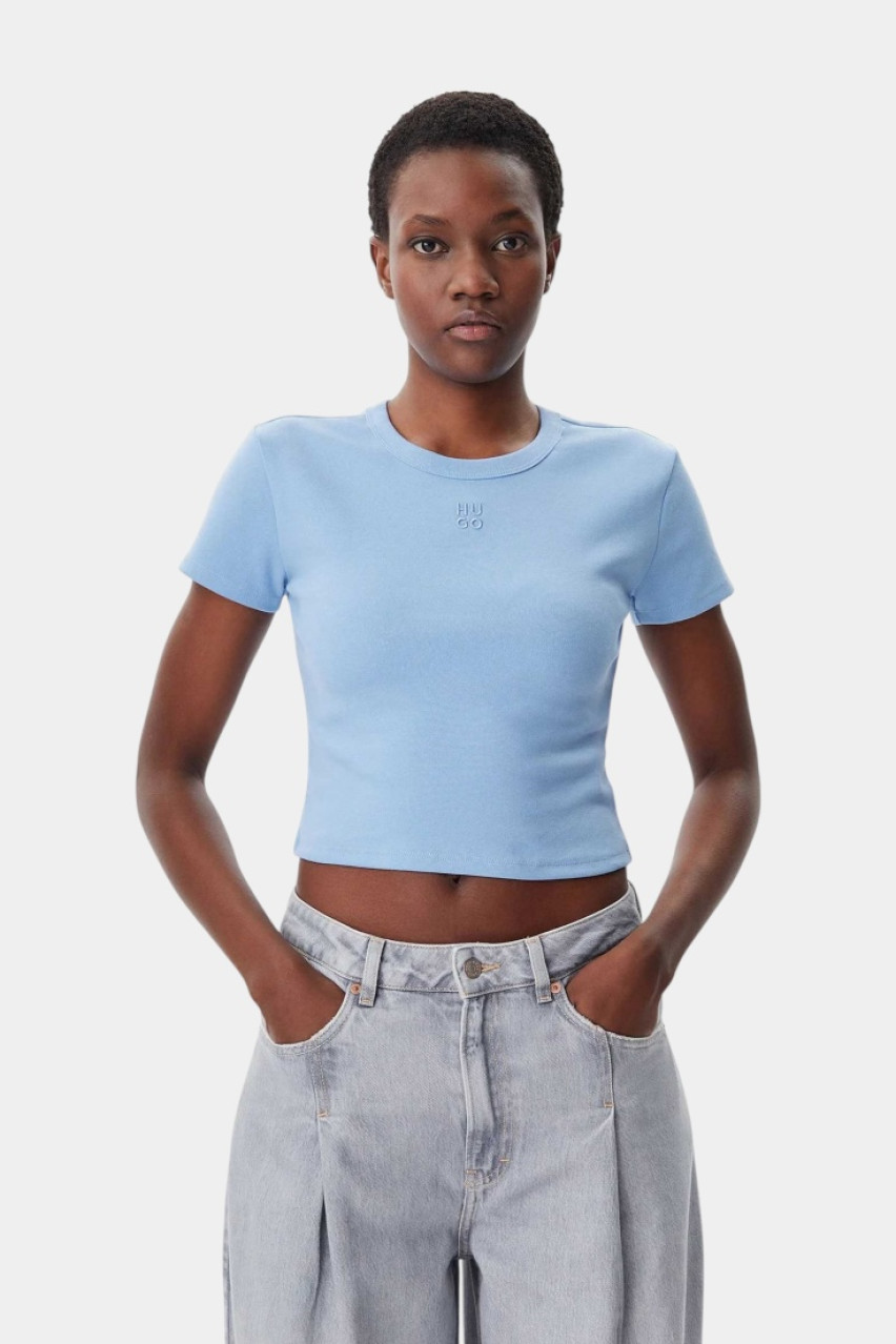 Голубой хлопковый топ Delanor приталенного кроя 50512000 452 HUGO