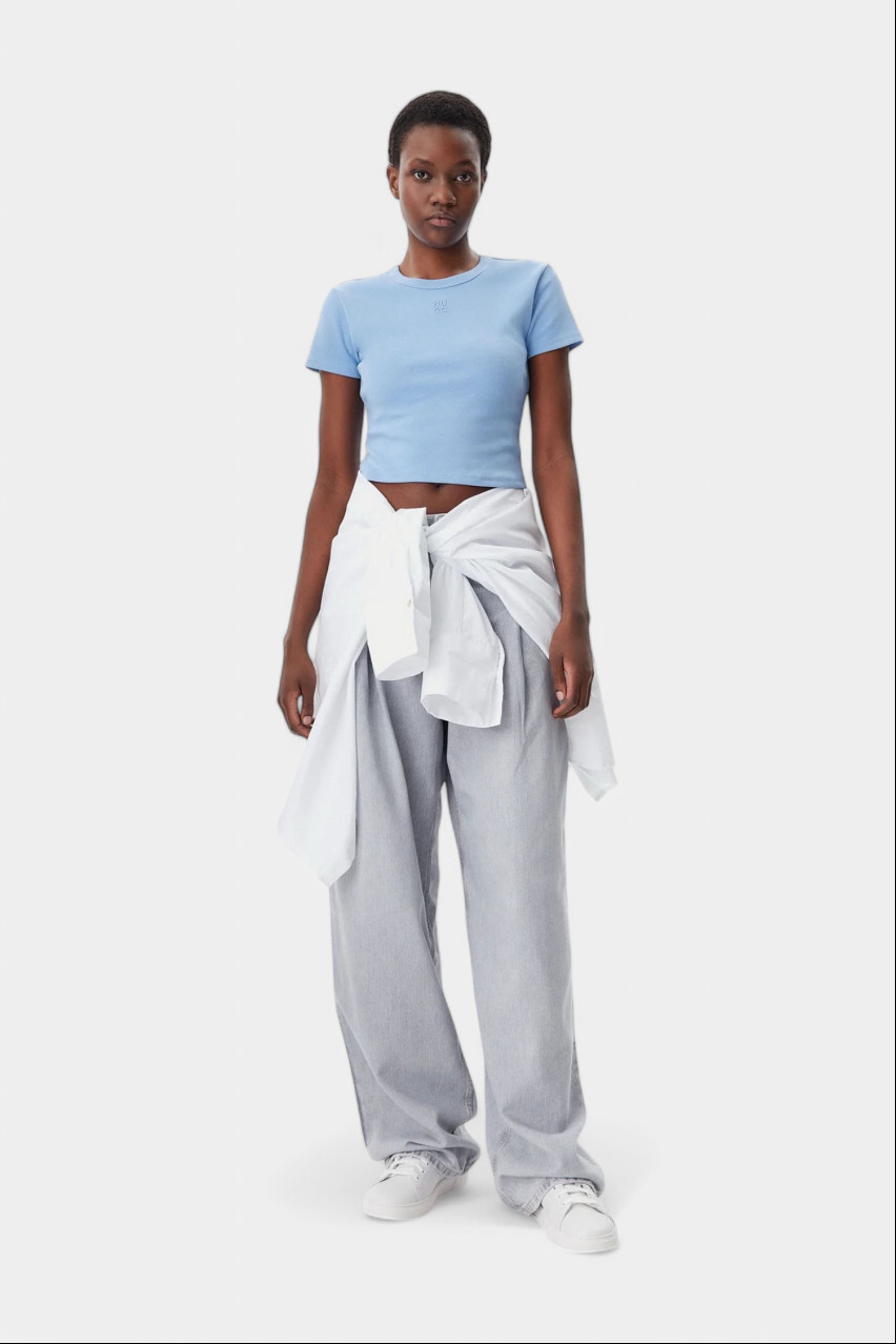 Голубой хлопковый топ Delanor приталенного кроя 50512000 452 HUGO