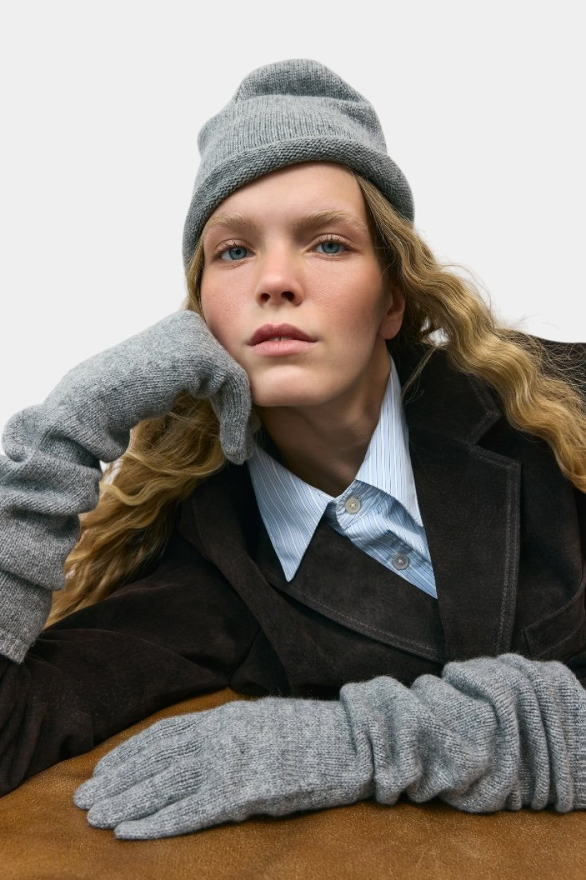 Серые длинные перчатки со смесью кашемира и шерсти мериноса HOOPS