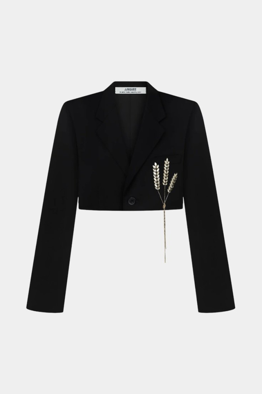 Черный укороченный жакет с тремя хрустальными колосками JJSQUEE