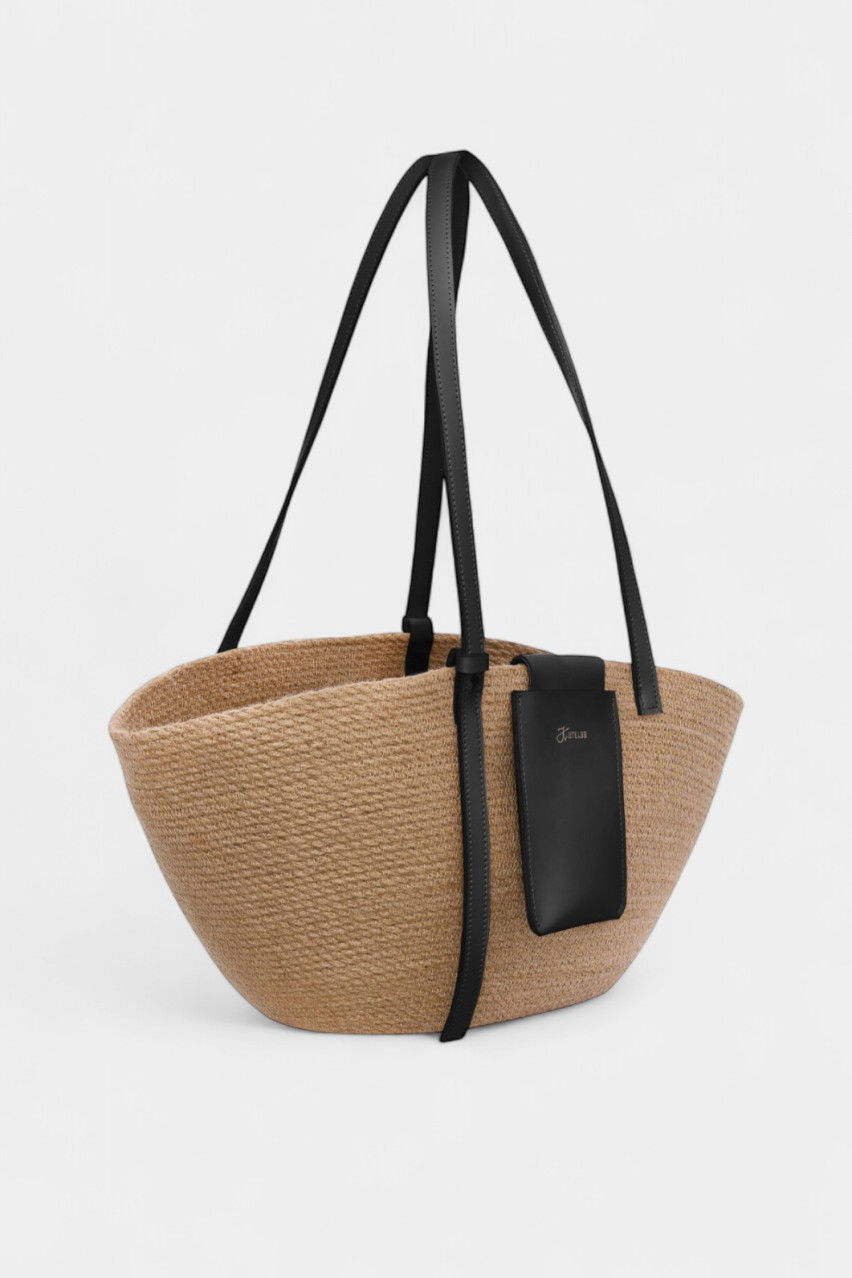 Песочная соломенная сумка с черными кожаными вставками 658375 KateLab