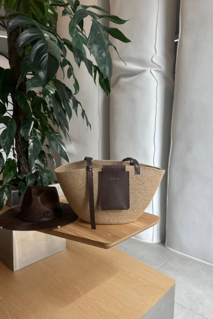 Песочная соломенная сумка с шоколадными кожаными вставками 65638456 KateLab