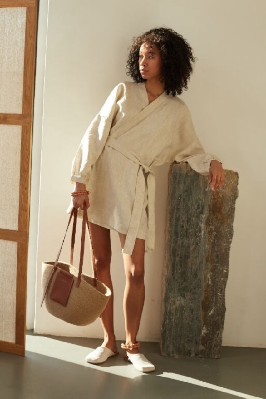 Песочная соломенная сумка с коричневыми кожаными вставками KateLab