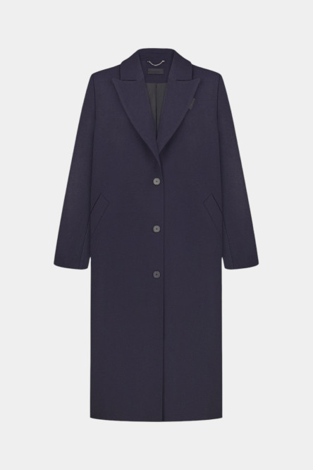 Темно-синє довге вовняне пальто