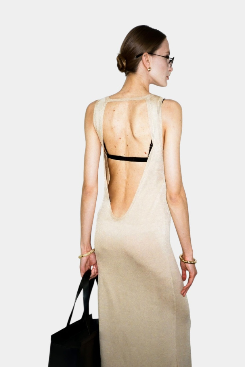 Бежева вʼязана сукня з відкритою спиною PSS250003 KATERINA KVIT