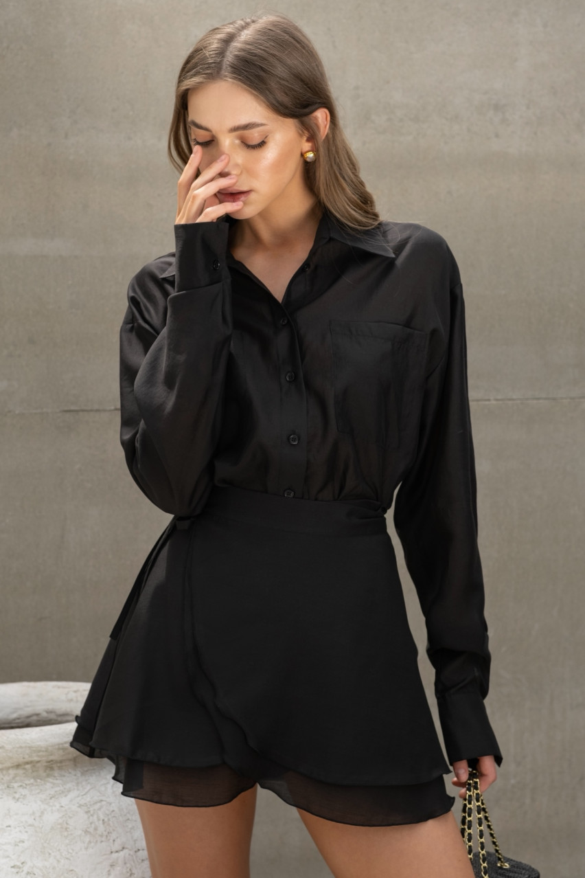 Черный невесомый костюм с рубашкой и юбкой 592 LACY HEARTS