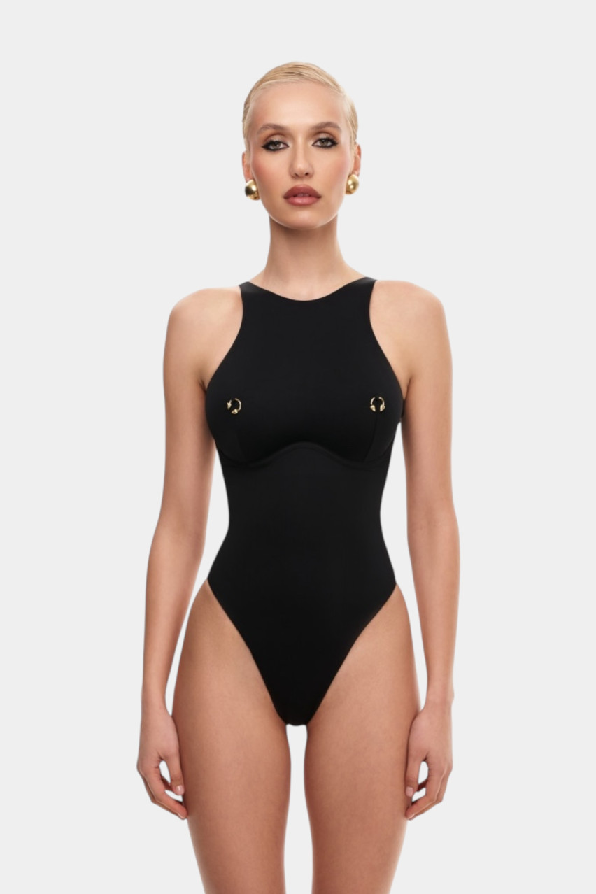 Чорний суцільний купальник Pirsing із золотою фурнітурою MISSTIC